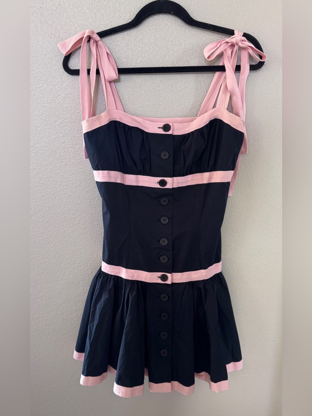 Vintage Betsey Johnson Black Mini Dress with Pink Trim and Bow Straps